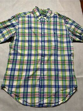 Ralph Lauren classic fit short sleeve button up, colorful plaid shirt size M